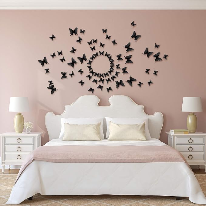 BBTO 48 Pieces Butterfly Wall Decor DIY Mirror 3D Butterfly Stickers Removable Decals for Home Bedroom School Bathroom Living Room Decor(Black)