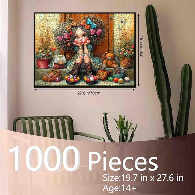 Tucocoo Whimsical Girl with Bows Jigsaw Puzzle for Adults 1000 Piece, Fantasy Art Puzzle with Curly Hair, Cute Toys, Vibrant Flowers, Dreamy Decorative Puzzle for Relaxation and Gifts, Home Decor