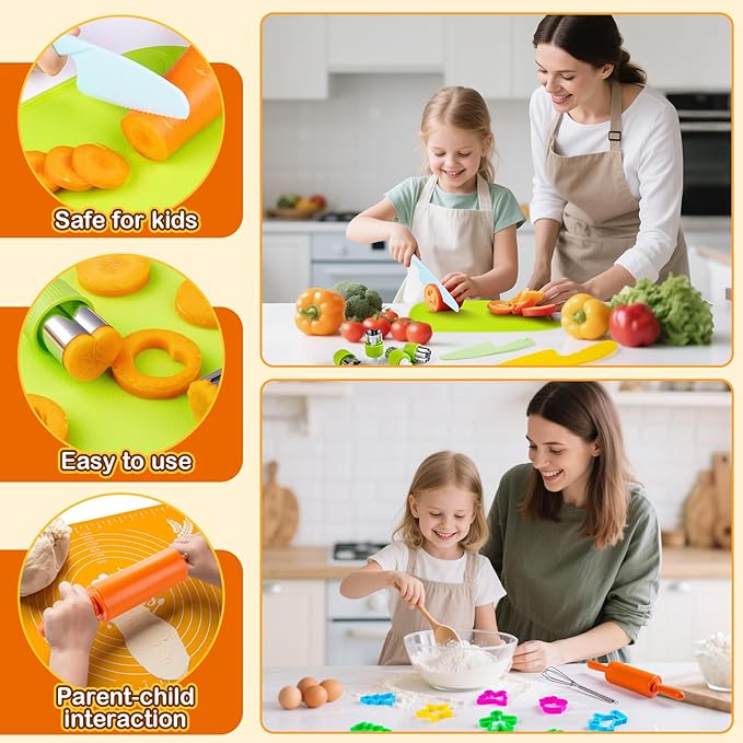 52 PCS Kids Cooking Sets, Montessori Pretend Play Kitchen Toys for Real Cooking Baking, Toddler Knife Set with Chef Hat & Apron, Kids Baking Set for Boys Girls Christmas Birthday Gift