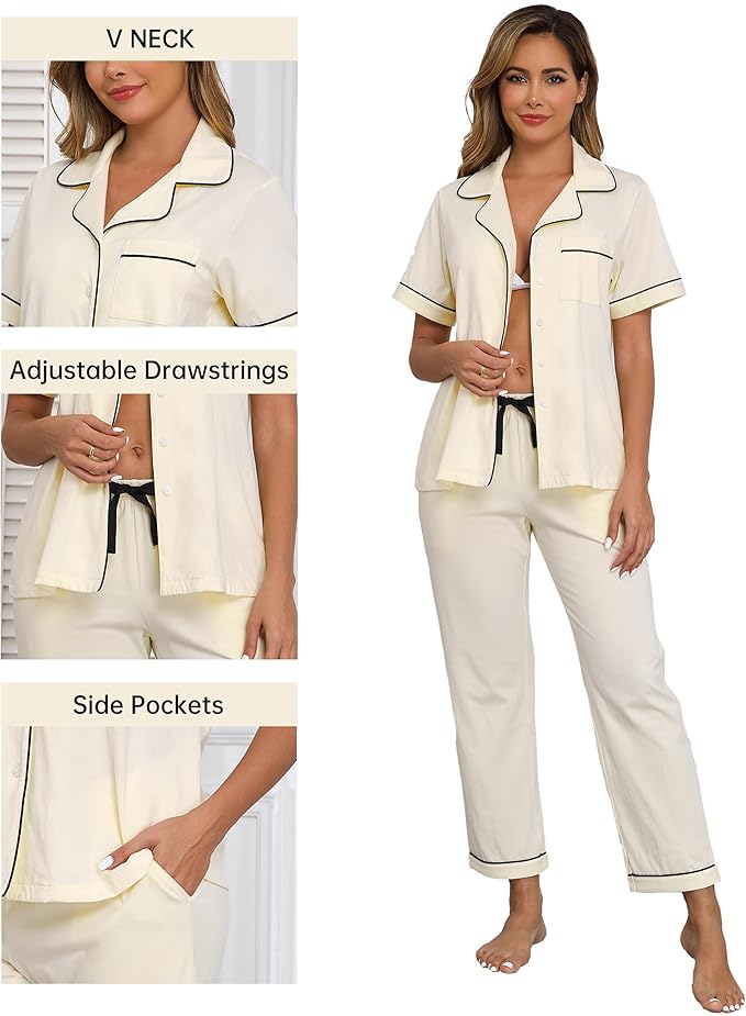CF Womens 100% Cotton Pajamas Set Button Down Pjs Sets Short Sleeve Top & Long Pants Sleepwear Comfy Loungewear with Pockets