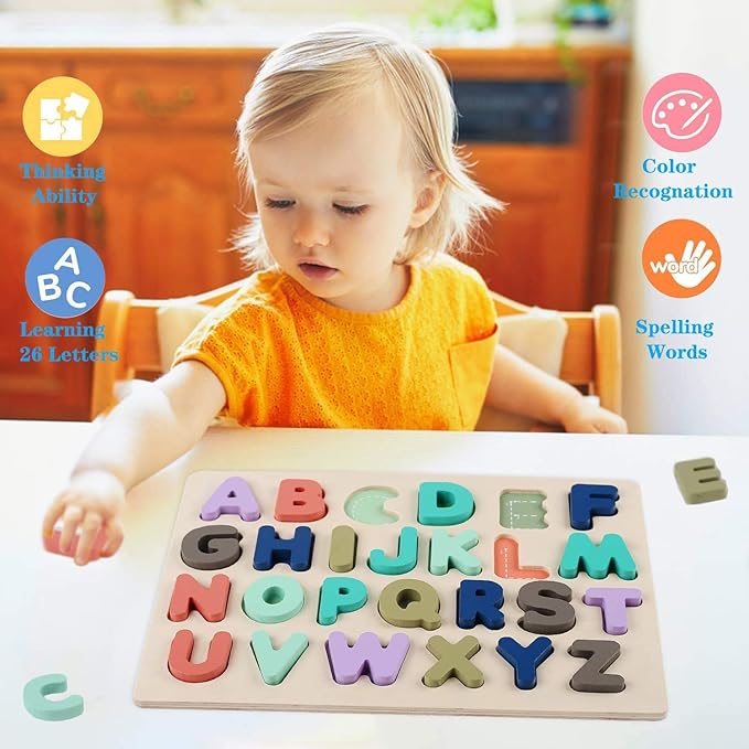 Wooden Puzzles for Toddlers, LENNYSTONE Alphabet Number Shape Puzzles Toddler Preschool Education Learning Toys for Kids Age 3 4 5 Year olds