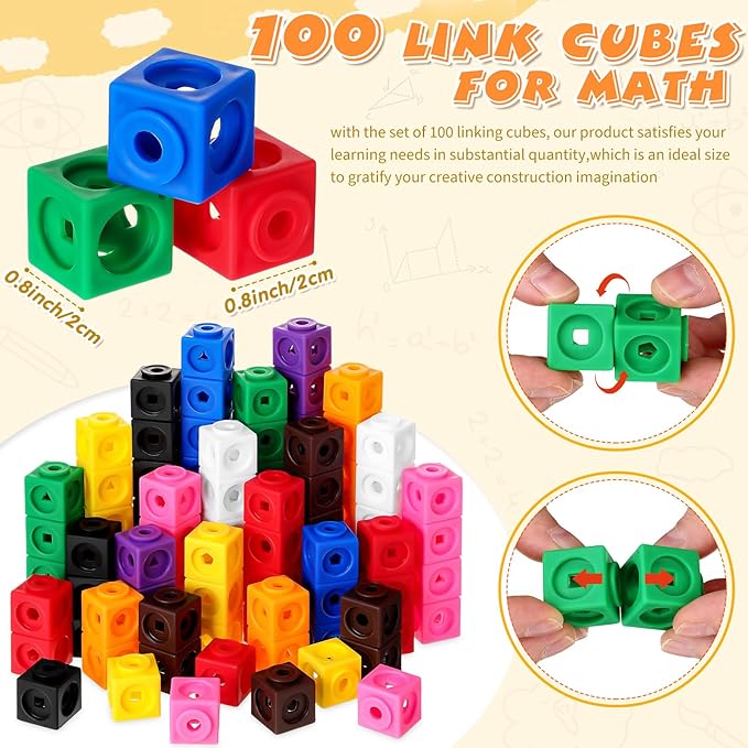 Jenaai 100 Pcs Linking Cubes Plastic Math Cubes Manipulative Counting Blocks STEM Snap Blocks Connecting and Counting for Early Math and Construction, Homeschool Preschool Supplies(Cute)