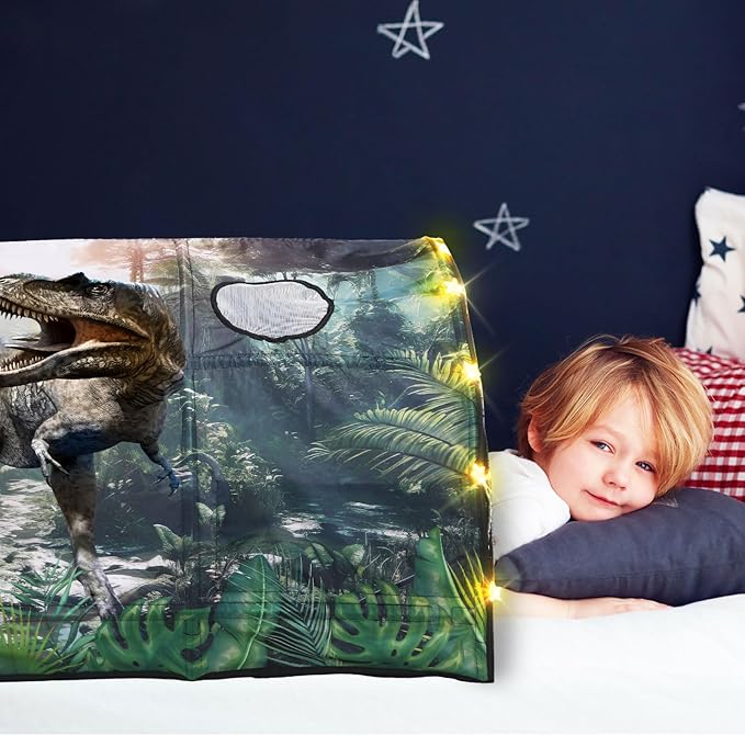 Dinosaur Bed Tent for Kids Large Kids Twin Tent Toddler Play Bed with Carry Bag Foldable with String Lights for Girls Boys Bedroom Indoor Games