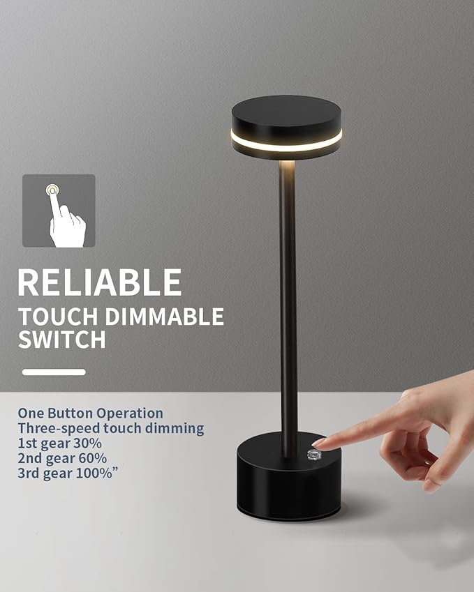 PUSU Portable Table Lamp Battery Powered LED Lamp Cordless Table Lights 3-Level Brightness Touch Control,for Home Office Bedroom Hotel Room Restaurant Outdoor(Black)