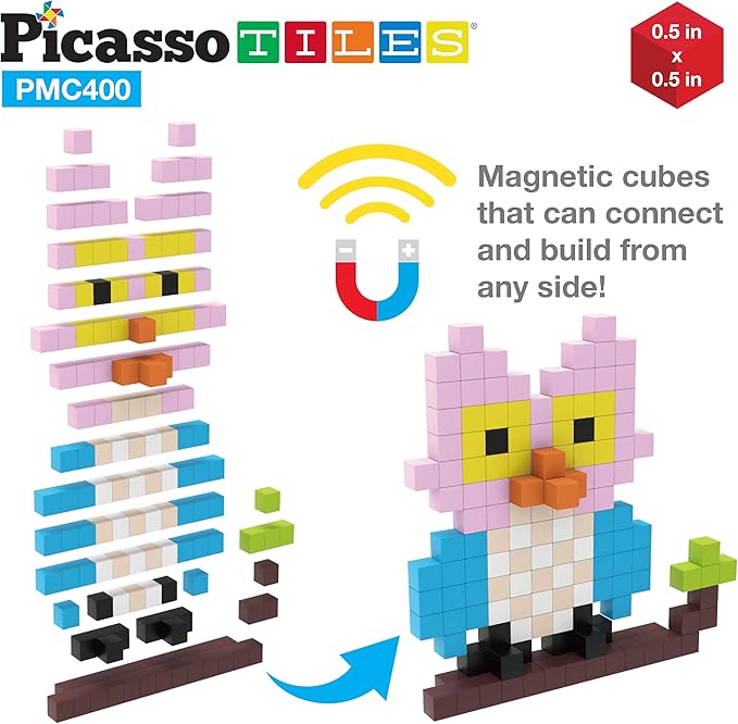Picasso Cubes 0.5” Pixel Magnetic Puzzle Cube 400 Piece Mix & Match Sensory Toys STEAM Education Learning Building Block Magnets Children Construction Toy Set Stacking Magnet Creative Kit PMC400