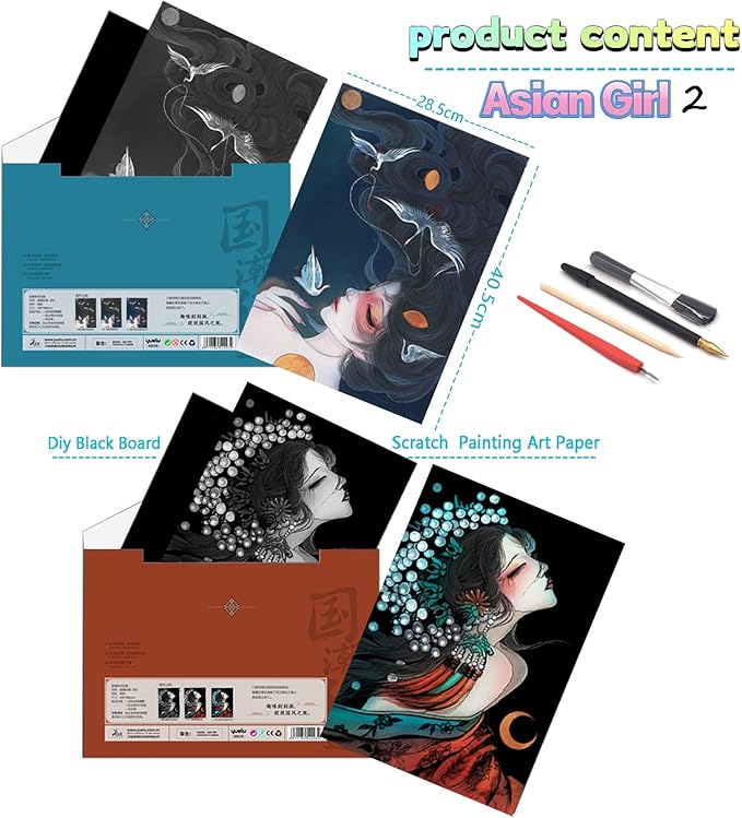 Scratch Rainbow Painting Art Paper-DIY Craft Kit for Kids & Adults Creative Art & Craft Gift Set Sketch Pad DIY Scratchboard with 4 Tools,16''x11''(Asian Girl2)