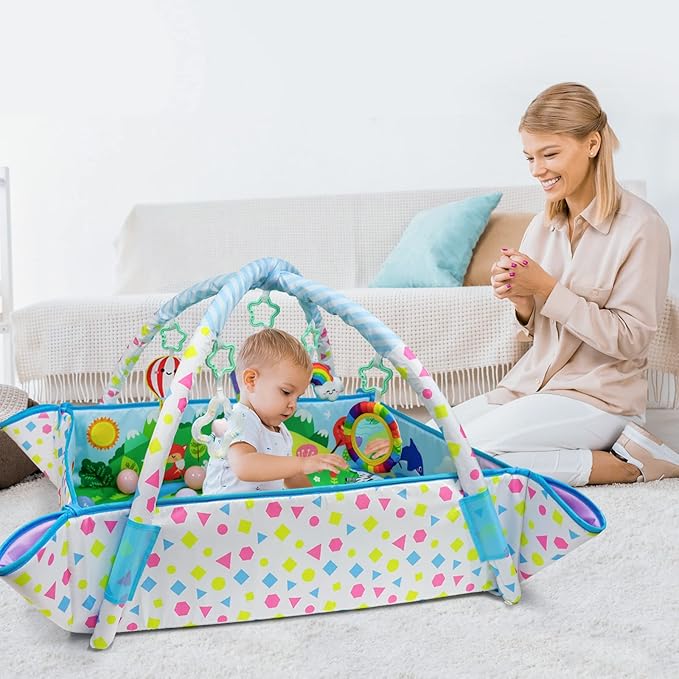 Dr.Rapeti Baby Play Gym Mat Animal Planet with Ball Pit Activity Gym Center Tummy Time Mat Thickened Mat Sensory Exploration Motor Skill Development for Newborn Infant Baby Toddler for 0+