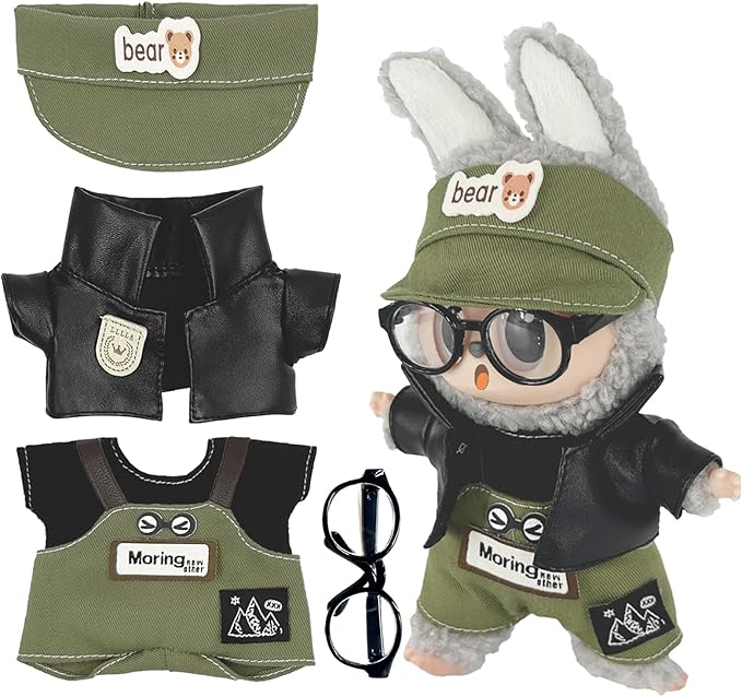 17cm Clothes Set (NO Doll) 5PC Set Hat Glasses Overalls for 17cm Accessories Suit, Doll Clothing for Trendy Blind Box，Cute Clothes for LBB Doll Dress up Unique Style,Free Combination (Olive)