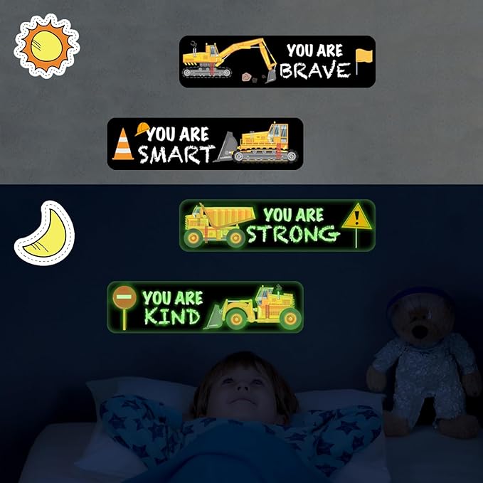 4 PCS Construction Wall Decals Glow in The Dark，Construction Stickers Toddler Room Decor for Kids Baby Nursery, Boys Glowing Motivational Wall Art Inspirational Sticker