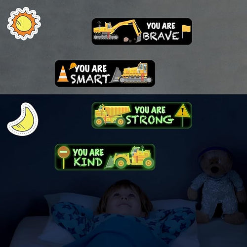 4 PCS Construction Wall Decals Glow in The Dark，Construction Stickers Toddler Room Decor for Kids Baby Nursery, Boys Glowing Motivational Wall Art Inspirational Sticker