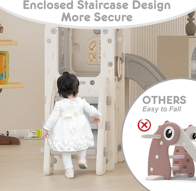 KORIMEFA 7 in 1 Toddler Slide Playset, Kid Slide for Toddlers Age 1-3 with Ring Toss, Basketball Hoop, and Telescope, Indoor Outdoor Slide Toddler Playset Playground, Gray
