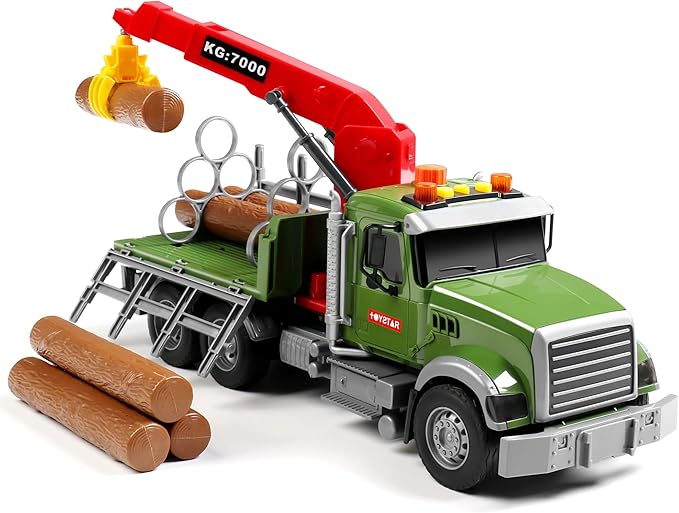 Dwi Dowellin Kids Toys for 3 4 5 6 7 Years Old Boys,15" Large Timber Truck with Loading Crane and 6 Trunks,Birthday Gifts for Boy Toddler Child