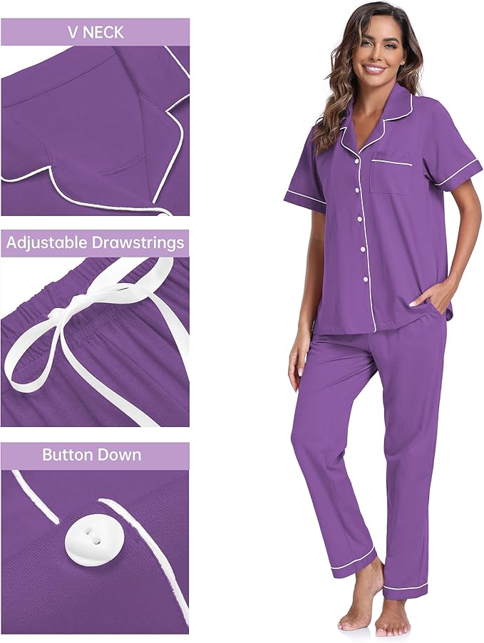 CF Womens 100% Cotton Pajamas Set Button Down Pjs Sets Short Sleeve Top & Long Pants Sleepwear Comfy Loungewear with Pockets