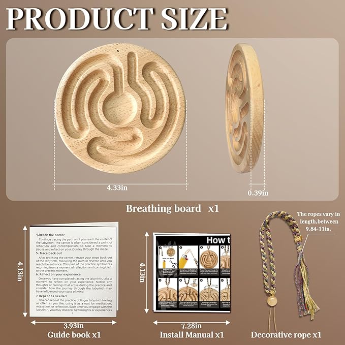 Mindful Breathing Boards with Guiding Book, Decorative Rope, Wooden Finger Maze for Learning Clam Down, Concentration, Stress Relief, Meditation, Home Decor