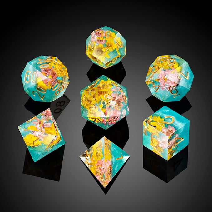 Flower DND Dice DNDND Handmade Resin Sharp Edge D&D Die with Gift Case for D&D Dungeons and Dragon Tabletop Games (Daisy Flower)