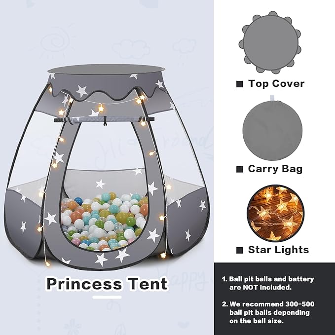 Baby Ball Pit for Toddler: with Star Lights - Pop Up Princess Play Tent for Kids - Indoor Outdoor Baby Girl Toys Birthday Gifts - NO Balls (Black Tent)