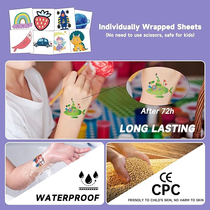 EMOME 204 Sheets Temporary Tattoos for Kids, Individually Wrapped Tattoos for Boys Girls Birthday Party Favors Supplies Goodie Bag Stuffers, Waterproof Kids Fake Tattoos Stickers
