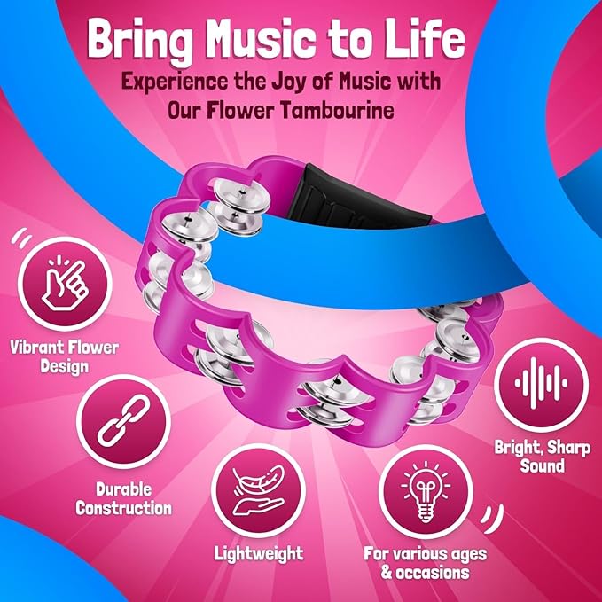Flexzion Flower Tambourine - 8 Inch Handheld Percussion Instrument w/Metal Jingles & Ergonomic Grip - Small Tambourines for Adults, Kids, Church, Parties, & Musical Events (2 Pack - Blue & Pink)