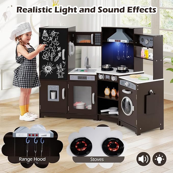 Costzon Corner Play Kitchen w/Lights, Sounds, Large Pretend Play Kitchen Set w/Blackboard, Microwave, Cooking Accessories, Wooden Montessori Sensory Toy for Kids 3+ Years Old (Espresso)