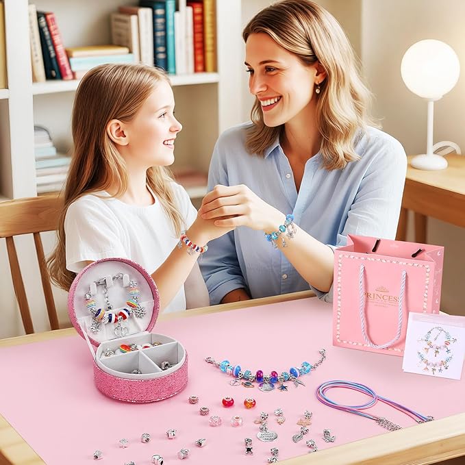 Emibele Girls Charm Beads Bracelet Making Kit with Portable Jewelry Box, Jewelry Making Kit for Kids Age 5 6 7 8-12, DIY Arts Crafts Toys for Teens Girls Gift Choices on Birthday Valentines Christmas