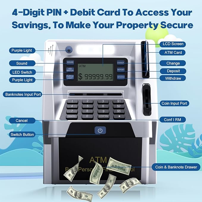 Blingbin Upgraded ATM Piggy Bank for Kids, ATM Bank Machine for Real Money with Debit Card, Bill Feeder, Coin Recognition, Balance Calculator, Electronic Saving Safe Machine Box for Boys Girls Gift