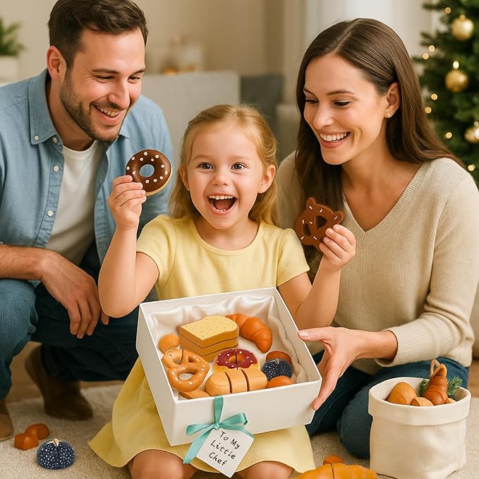 Wooden Food for Play Kitchen 18 PCS Play Food Set for Kids Kitchen Play Kitchen Food with Storage Bag Wooden Bakery Pretend Food Toy for Birthday Gift