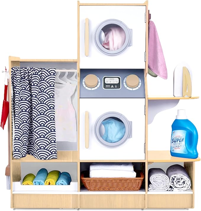 Lil’ Jumbl Kids Washer and Dryer Playset, Wooden Children's Pretend Laundry Set, Includes Broom, Dustpan, Iron, Hangers & Basket, Realistic Laundry Room for Kids - Natural