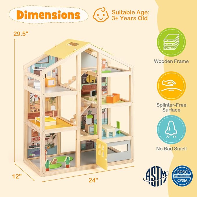 HONEY JOY Doll House, Wooden Dollhouse Playset w/7 Rooms, 21 Accessories & Miniature Furniture, Pretend Play Toys Kit, 2.46 Feet Big Doll House, Christmas Birthday Gift for Girls Boys Age 3+