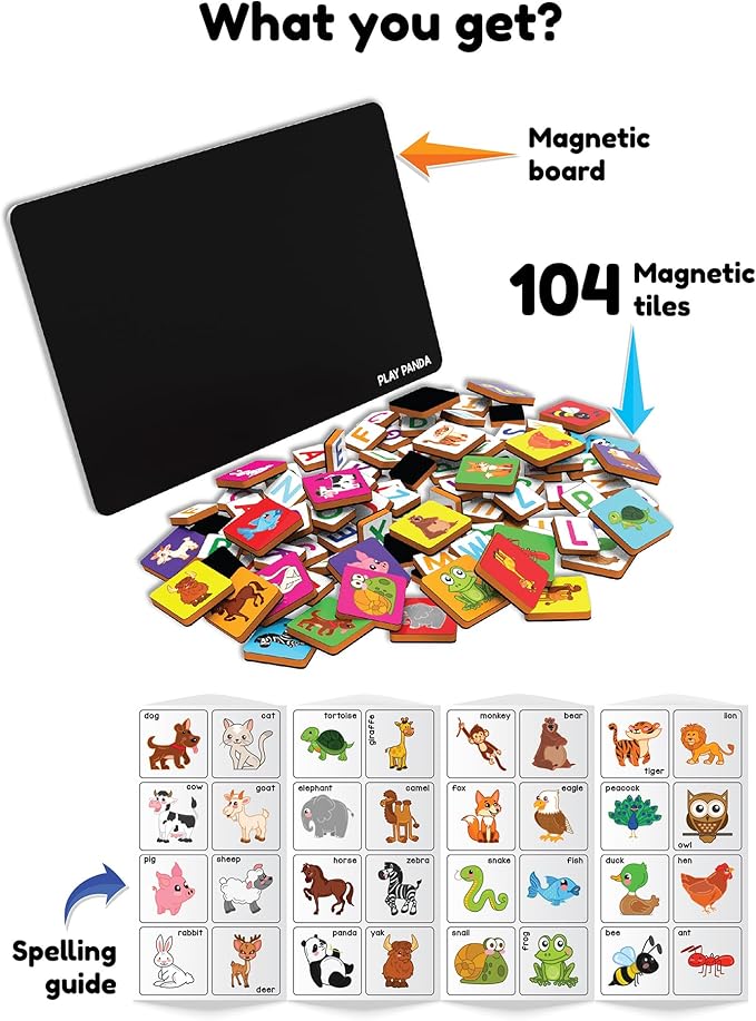 Magnetic Preschool learning Toys for Toddlers Aged 3 4 5 6 Years Old Learn to Spell Animals|104 Magnet Pieces-32 Picture & 72 Letters with Magnet Board & Spelling Game Guide|Educational Toy for Kids