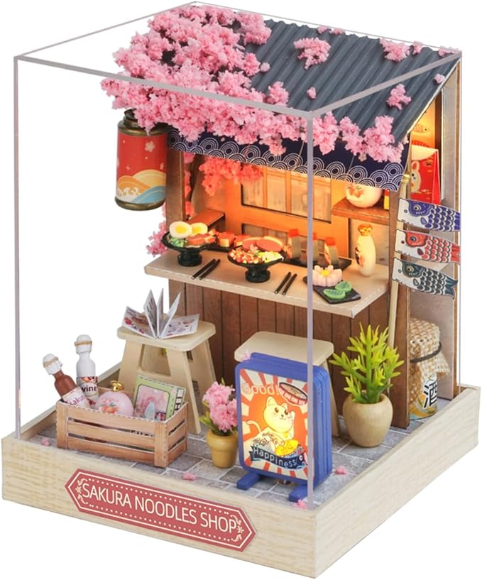 OZJAY DIY Miniature House Kit with Dust Proof Cover, 1:24 Scale Creative Room Mini DIY Wooden Dollhouse Miniature Kit for Adults Teen-Sakura Noodle Shop