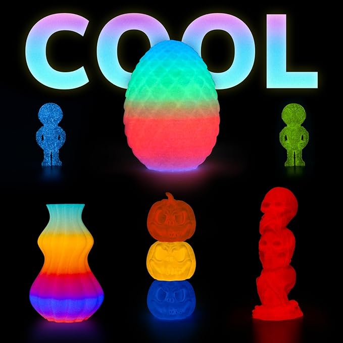 AMOLEN PLA Filament Glow in The Dark, Rainbow 5M Red, Blue, Green, Orange, Multicolor Fast Change 3D Printer Filament 1.75mm, Best with UV Lamps, 1KG Spool (2.2lbs), Dimensional Accuracy +/- 0.02 mm