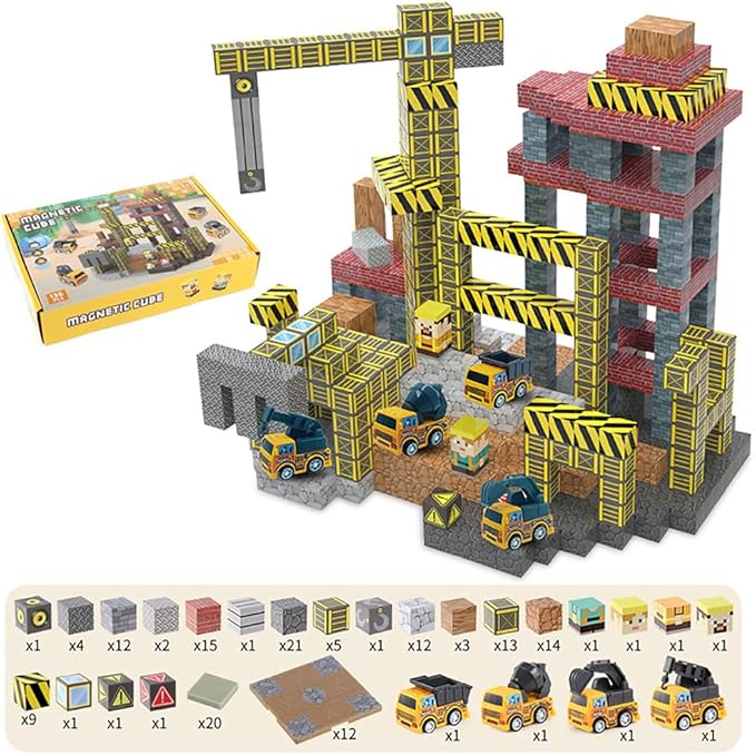 Magnetic Construction Building Blocks Set, 136PCS Tile with 4 Toy Trucks, Education STEM Consrtuction Site Theme Toy for Age 3-5, 6 7 8 9 10 (Construction Set)