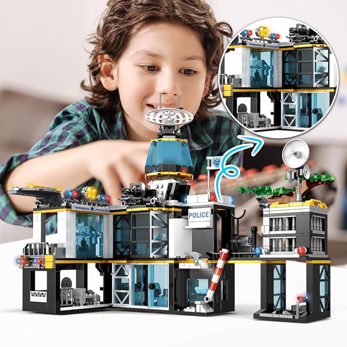 HOGOKIDS City Police Station Building Set - 1261 PCS Police Building Blocks Toys with Helicopter Motorcycle and 2 Cars, STEM Police Construction Playset for Kids Boys Girls Aged 8 9 10 11 12+