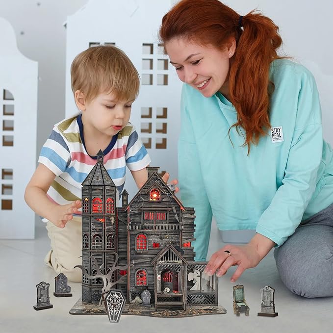 3D Wooden Puzzle Haunted House Model Set - Miniature Haunted House Kits with Led Accessories Furniture, Suitable for Adults and Teenagers to DIY Halloween Horror Doll House Craft Gifts.