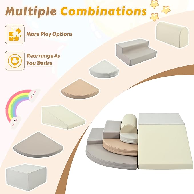 Merax 7-Piece Soft Foam Blocks, Baby Soft Climbing Toys for Toddlers 1+, Indoor Climbing Crawling Activity Play Set, Corner Soft Play Climber Set, Cappuccino