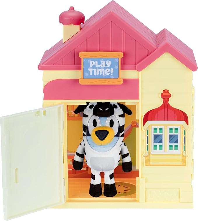 Bluey Play Date Plush Surprise, Decorate House with Stickers, Attach The Play Time Sign, Then Open The Door for a Surprise to Appear, Style May Vary