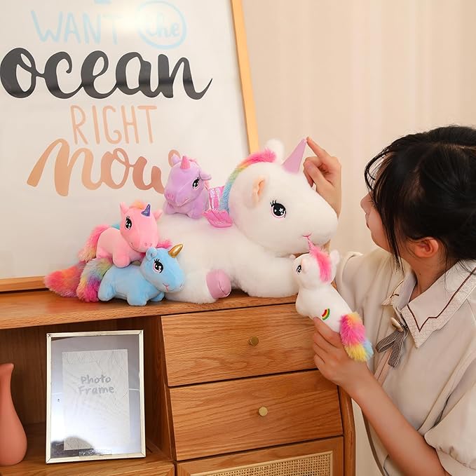 SQEQE Unicorn Toys Stuffed Animal 5 in 1, Plush Toy Rainbow Flying Unicorns with Wings for Christmas, Valentine's, Birthday Gifts, Plushies Unicorn Pillow with 4 Babies in Her Tummy for Girls Age 4-8