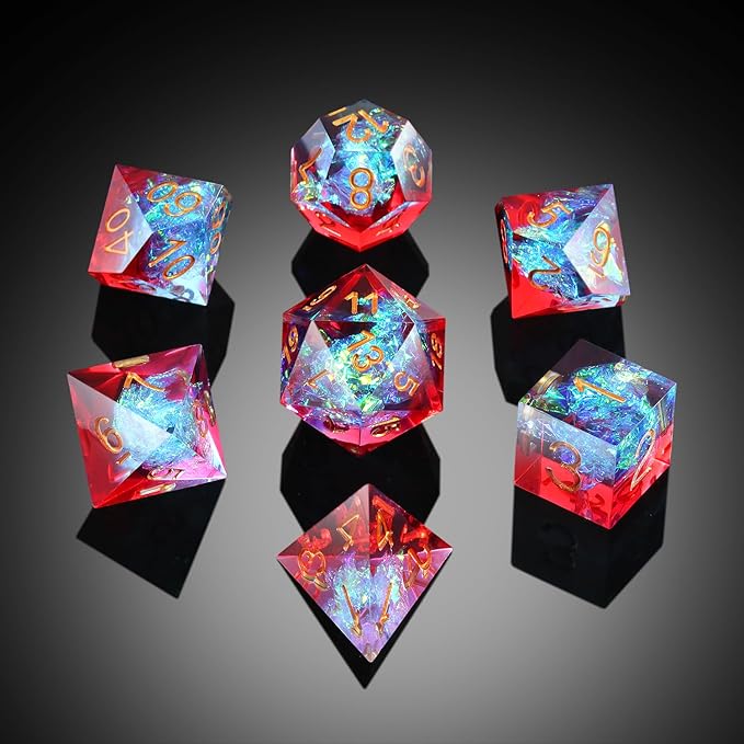 Shiny D&D Dice,DNDND Handmade Double Layers Sharp Edge Die with Gift Case for D&D Dungeons and Dragon Games (Red and Blue)