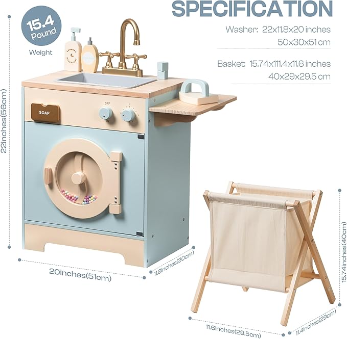 ROBOTIME Toy Kitchen Washer Playset, Wooden Toy Washing Machine for Kids with Clothes Basket, Iron and Sink, Pretend Toddlers Kitchen Toy with Accessories for Ages 3+