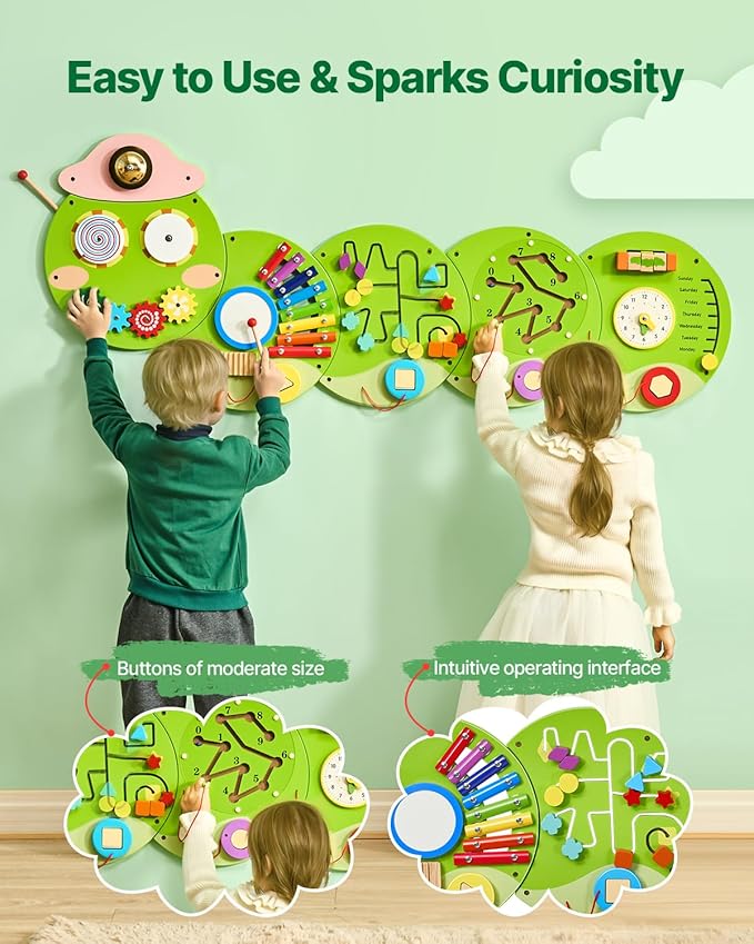 VEVOR Caterpillar Activity Wall Busy Board, 12 Activities Board, Montessori Sensory Panel for Kids 3-12 Years, Sensory Wall Activity Panel, Ideal for Toddler Playroom Nursery Classroom