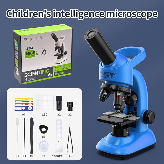 Microscope for Kids Scientific Experiment Kit 40X-1600X Magnification LED Light Educational STEM Kit with Slides and Lab Tools (Blue)