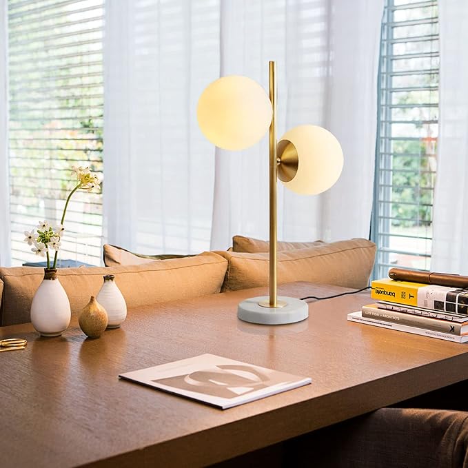 KCO Lighting Mid-Century Modern Table Lamp 2-Light Frosted Glass Globe Desk Lamp with Brushed Brass Finished Nightstand Bedside Lamp