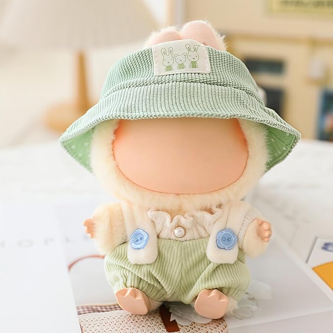 Clothes for Dolls Accessories (No Doll), Cute Outfit Set 3 Pieces Bib Pants Suitable for 15 & 17cm Doll Suit, Stylish Dress Up Overalls Doll Clothing Set Replacement with Hat Clothes Green