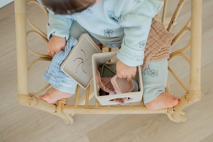Silicone Shape Sorter & Tissue Box Toy with Organic Muslin Cotton Cloths - Baby Toys for Development - Montessori Learning Toys for 1 Year Old-Educational Non-Toxic Toy