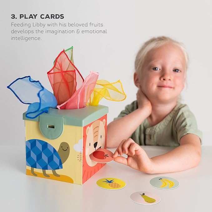 Taf Toys Sensory Baby Tissue Box, Object Permanence Box, Imaginary Play for Infants & Toddlers, Montessori Square Sensory Toys Colorful Pull Scarves, Play Balls & Cards Educational Preschool Learning