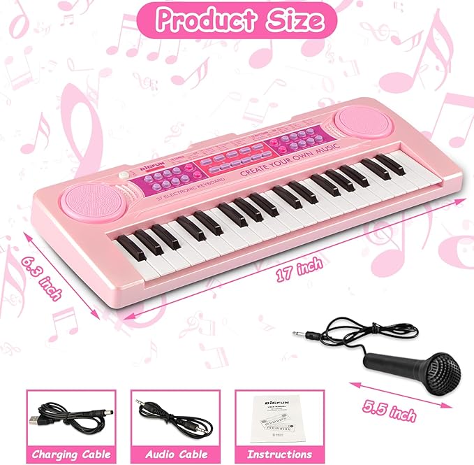 Kids Piano Keyboard Toys, 37 Keys Music Keyboard Piano for Kids with Microphone, Learning Educational Toddler Keyboard Toys for Kids Ages 3-8 (Pink)