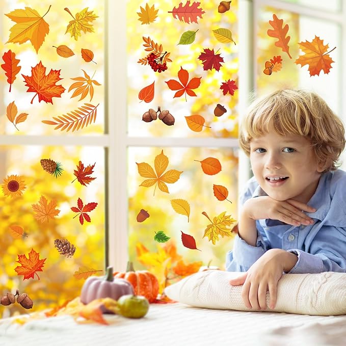 Whaline 124Pcs Fall Window Clings Colorful Maple Leaves Pumpkin Pine Reusable Window Decals for Autumn Thanksgiving Harvest Party Seasonal Holiday Home School Supplies