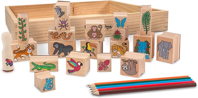 Melissa & Doug Stamp-a-Scene Stamp Set: Rain Forest - 20 Wooden Stamps, 5 Colored Pencils, and 2-Color Stamp Pad
