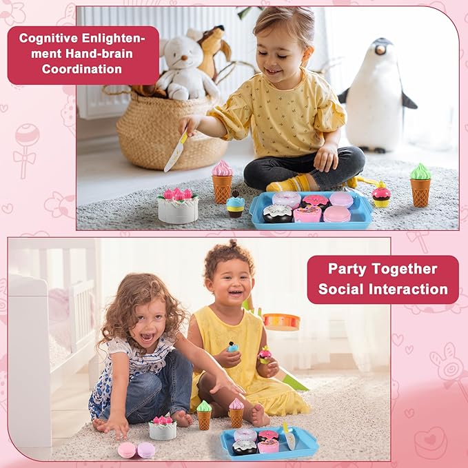 15 PCS Pretend Play Food Set - Play Food for Kids Kitchen - Pretend Cutting Play Desserts Cake Ice Cream and Donuts Food Toys - Birthday Gifts Set Toy for Boys, Girls, Kids, Toddler