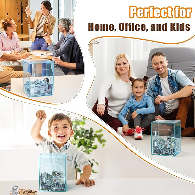 Hicocool Clear Piggy Bank with Lock, Acrylic Piggy Bank for Adults Kids Openable, Reusable Money Saving Box with Key for Birthday (Cyan)